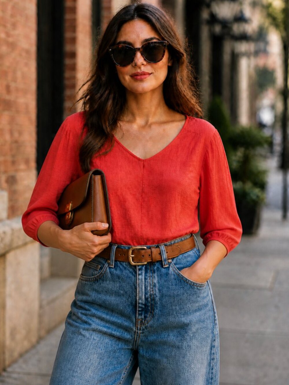 Pilcro Anthropologie Red Textured V-Neck top Size M